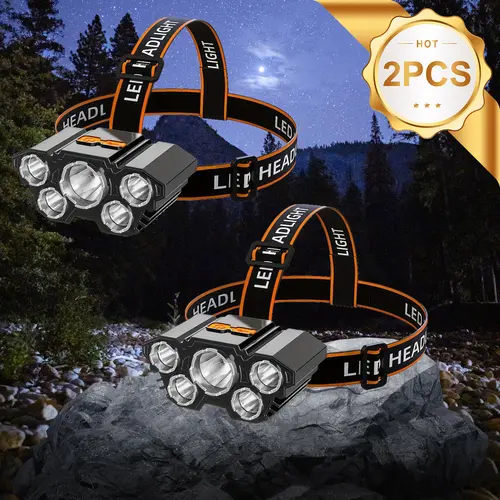 Super Bright 5 LED Rechargeable Headlamp - USB Powered, 150m Beam Distance, 3 Lighting Modes + Strobe Function, Portable Rechargeable Lighting, Powerful Light, Bright LED Torches for Camping Emergencies,sohochic