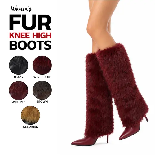 VIMISAOI Knee High Boots For Women Faux Fur Pointed Toe Stiletto High Heel Side Zipper Fold Over Wide Calf Comfy Soft Plush Cozy Luxury Glam Fashion Celebrity Style Party Dress Evening Date Casual Prom Fall Dress Elegant Tall Modern Furry Fuzzy Boots