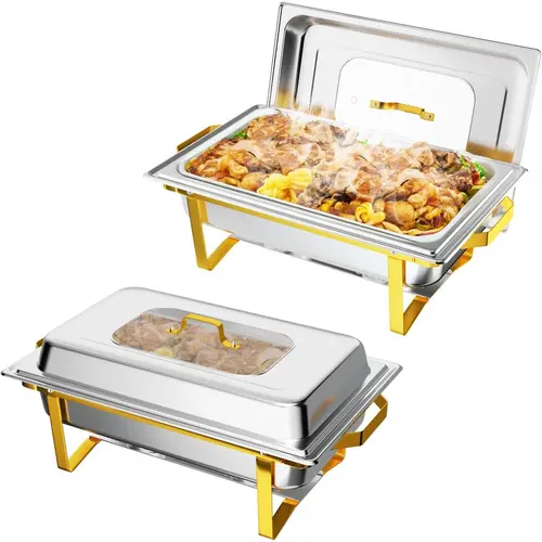 ROVSUN Chafing Dishes for Buffet 2/4/6/8 Pack, 9QT Chafing Dish Buffet Set with Glass Lid, Stainless Steel Buffet Servers and Warmers with Folding Frame for Party Wedding Catering Event, Gold & Silver