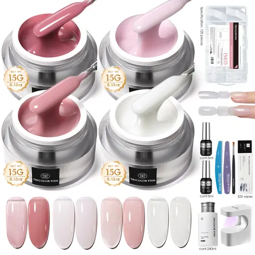 TRICOLOR FISH 3-in-1 Builder Gel Manicure Kit, 4 Smooth Pastel Gel Polish Colors with Base, Glossy Top Coat & Art Pen for DIY Home Nail Extensions & Nail Care, Polygel Nail Kit, 4-Color Set,sohochic
