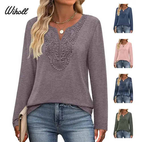 WIHOLL Women's Elegant Boho Long Sleeve Tunic - Lace V-Neck Bohemian Pattern Blouse for Everyday Dressy Casual & Work, Basic Outfit Ideas, Effortless Chic, Comfortable Basic Top,sohochic