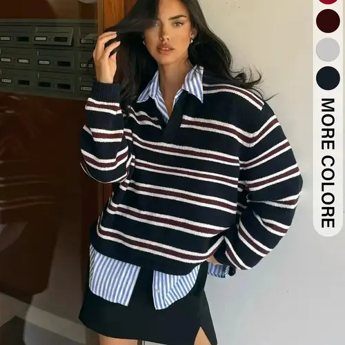 Women's Striped Loose Knit Sweater Pullover, Casual Everyday Long Sleeve Soft Knitwear, Comfortable Fall & Winter Fashion, Simple Style Tops Womenswear, Knitting, Long Sleeve Jumper