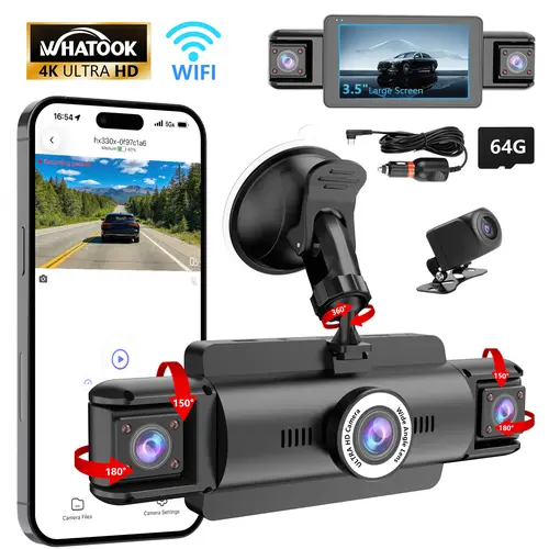 [Buy 1 Get 1  Car Charger Free] WHATOOK 4-Channel 360° Dashcam with 64GB SD Card, 4K/1080P Ultra/Full HD Video Recording, Night Vision, Parking Mode for Front, Rear, Left, Right Lenses, Car Cameras, Wi-Fi,toolupgrade
