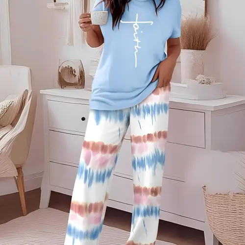 Women's Casual Printed Round Neck Short Sleeve Top & Gradient Print Pants Womenswear Two Piece Sets, Soft Comfortable Oversized Baggy Loose Fit Set for Daily Wear Outfit Clothes, Casual Summer Set
