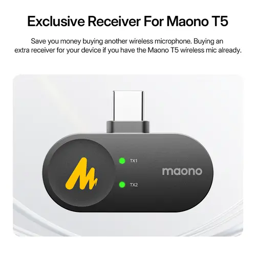 MAONO Portable Type-C & Lightning Lavalier Receiver for Maono T5 Wireless Microphone - Audio Connection Accessory, Compatible with iPhone, iPad, Android, Includes Manufacturer Warranty