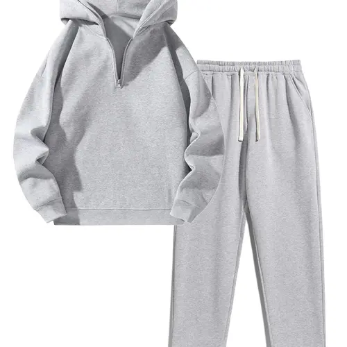 Men's Knit 2-Piece Clothing Matching Set - Long Sleeve Half-Zip Drop-Shoulder Cool Hoodie, Loose Elastic Waist Drawstring Cinch Sweatpants, Fitted Pocket-Ready Minimalist Casual Sports Apparel