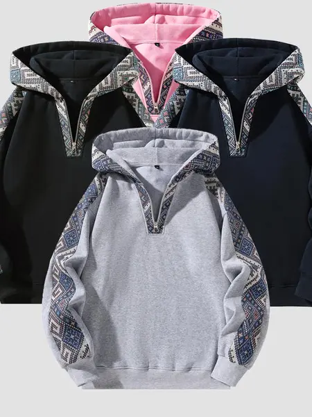 Men's Retro Cultural Patchwork Hooded Sweatshirt - Warm Thick Knit Half-Zip Stylish Slim Fit Pullover, Soft Fashion Streetwear for Everyday Wear, Mens Tops Clothing, Fitted,sohochic