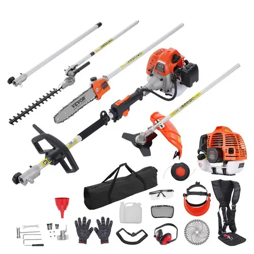 VEVOR Multi-Functional Gas Garden Tool Kit (52cc/43cc/33cc/26cc Models) - Grass Trimmer, Hedge Trimmer, Weed Eater, Brush Cutter, Edger, 40t Pole Saw Head, Blade, Metal Blades, Shoulder Strap, Protective Gloves for Lawn Cutting, Dad Gift,toolupgrade