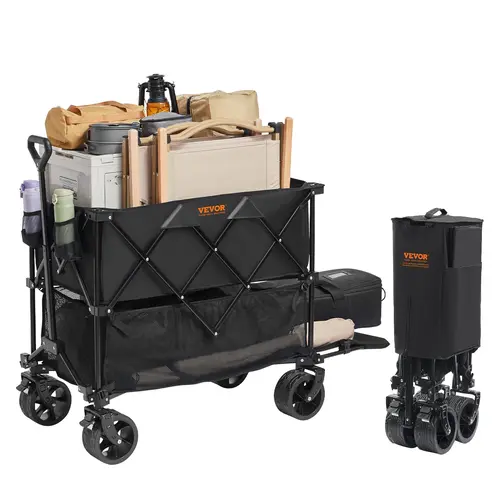 【Summerfinds】VEVOR Foldable Double Decker Wagon Cart, Compact Pack All-Terrain 7x4 Swivel Wheels Glide Heavy Duty Trolley, 52" Extra Long Extender, 137 L Lower Space for Outdoor Camping, Shopping