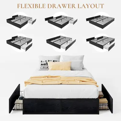 SHA CERLIN Rustic Style Metal & Wood Farmhouse-Modern Indoor Furniture Bed Frame, 2 Large Built-in Storage Drawers, Strong, Silent, Tool-Free Assembly, Slatted Base, No Box Spring Needed, Durable Black/Brown, Full/Queen Size, sohochic