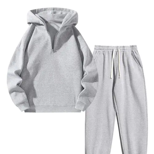 Men's 2-Piece Vintage Plain Knitting Tracksuit Set - Breathable Half-Zip Hoodie with Drawstring, Fitted Cut Stretch Pocket Pants, Polyester Sweatset Style, Effortless Wear Casual Menswear Gift for Boyfriend,sohochic