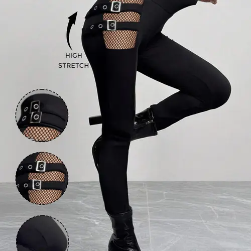 DRESSLILY 2026 Lady's Gothic Black Basic Trouser - High Waisted Skinny Long Bottom, Hollow Out Design, Square Buckle Strap, Fabric Pants for Summer Wear