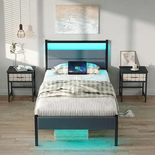 CollaredEagle Modern Sleek Upholstered Metal Bed Frame with Storage Headboard - USB Port Charging Station, LED Lights, Durable Sturdy Heavy-Duty Slats, Noise-Free, Easy Assembly, No Box Spring, for Modern Bedroom