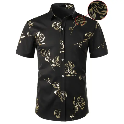 ZEROYAA Mens Hipster Gold Rose Printed Slim Fit Short Sleeve Button Down Dress Shirts Casual Summer Style Casual Fashion,back to school,back to school shopping,sohochic