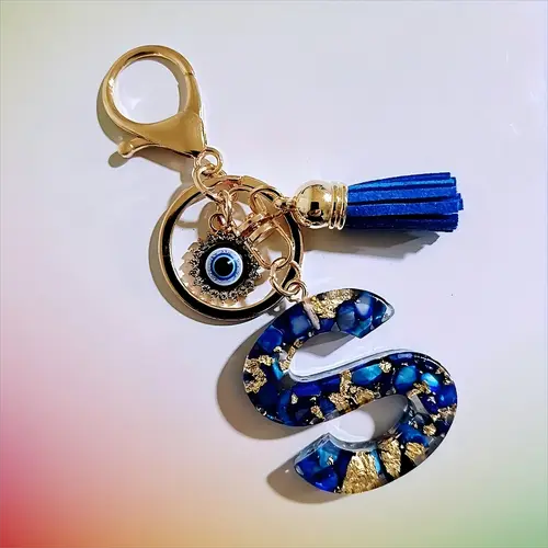 Boho Style Resin Letter Charm Keychain - Evil Eye Graphic, Tassel Accent, Keychains for Women, Purse Charms, Daily Car Key & Bag Accessory