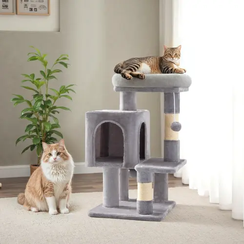 Sha Cerlin 29in(2.4ft) Cat Tree Tower Multi-Level Kitten Condo with Plush Perch, Sisal Scratching Post & Activity House in Beige/Dark Grey/Grey/Pink, Napping, Cat Tree Tower, Cat Playground, sohochic