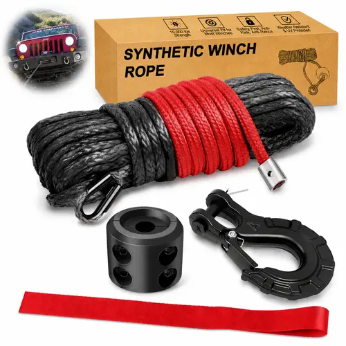 Synthetic Winch Rope 1/4" x 50', 10,000 lbs Synthetic Winch Line with Stopper, Forged Winch Hook & Pull Strap, Compatible with ATV, UTV, Boat & Truck Winches