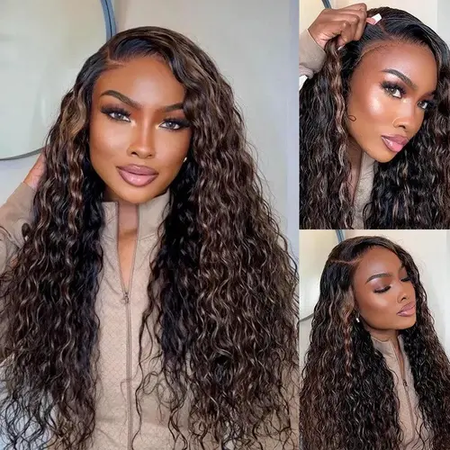 Ashimary Human Hair 360 Lace Frontal Wig, Water Wave with Invisi-Strap, Brown Balayage Ombre, Adjustable Fit, Pre-Bleached Blend, Pre-Cut Skin Lace (Wigs Human Hair for Women), Balayage Hair,sohochic