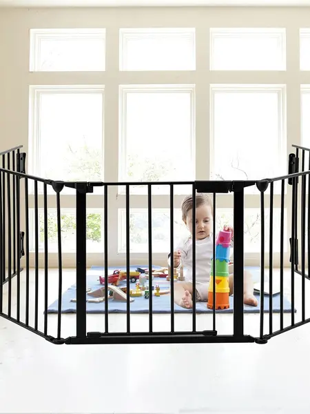 196.8inch/118inch/74inch Extra Wide Black Baby Gate with Door, Metal Long Baby Fence, Tall Pet Dog Gates for House Stairs Doorways,10ft Child Safety Fence Fireplace Christmas Tree,Indoor Outdoor, 3-Panel/5-Panel/8-Panel