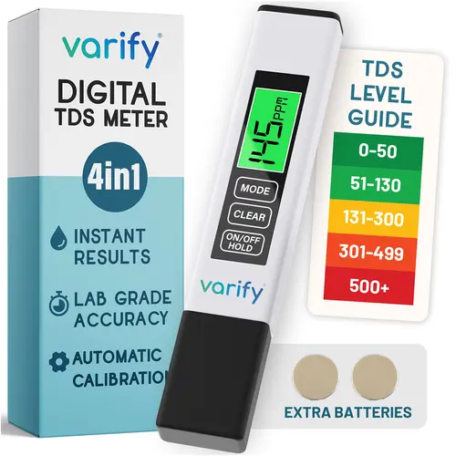 VARIFY 4-in-1 Digital Water Quality Tester - Accurate 0-9990 PPM, EC & Temp Readings, Compact, Battery-Powered, Portable for Home, Office, RO Systems, Swimming Pools (Halloween Sales)