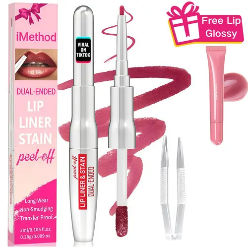 iMethod 2-In-1 Dual-Ended Peel Off Lip Liner Stain with Tweezer, Cosmetic Makeup Stain Makeup, Natural Long-Lasting Easy-to-Use for All Skin Types, Nude Lip Look Nude Pink Lipliner