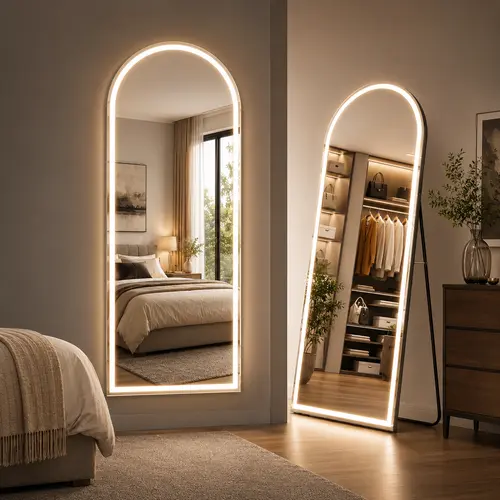 Sweetcrispy Decorative Metal Floor Mirror - Multi-Room Full-Length Stand Mirror, 2 Styles (With or Without LED Lights), Adjustable Dimming & 3 Color Lighting Vanity Option, Mirrors