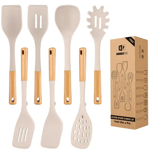 Silicone Kitchen Utensil Set for Non Stick Cookware 7 Pcs Heat Resistant Cooking Tools with Wooden Handle BPA Free Spatulas Spoons Skimmer Pasta Fork Ladle Khaki Pot Grey