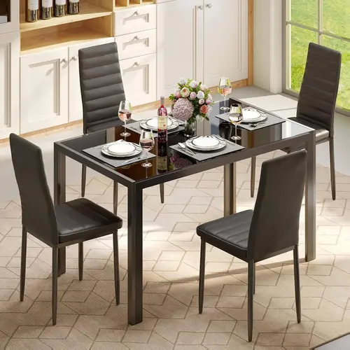 【2 Packages Shipping】Gizoon Glass Dining Table Sets for 4, 5 Piece Kitchen and Chairs Set for 4 Person PU Leather Modern Room Sets for Home Kitchen Living Room Space-Saving Apartment