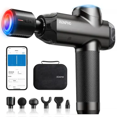 RENPHO Power+ Thermacool Massage Gun - Heat & Cold Function, 12mm Amplitude Deep Tissue Percussion Massager with Attachment, Adjustable, LED Display, High Torque, 6 Speeds, App-Controlled Guided Courses, Low Back Pain Relief, Beauty Tool Upgrade, Black, S