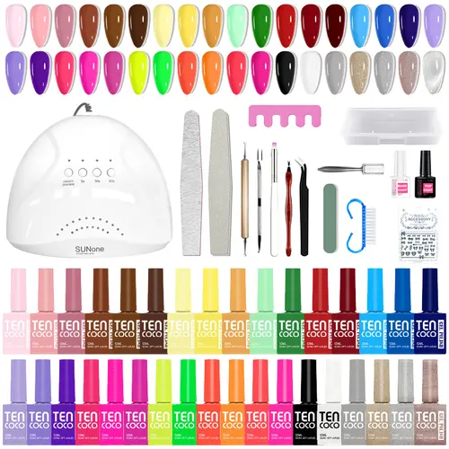 Tencoco 51 Pcs Gel Nail Polish Kit 35 Colors with Crystal Cat Eye Nail Art Tools Set UV Light Translucent Glossy Formula Perfect Gift for Women Manicure SummerVibes
