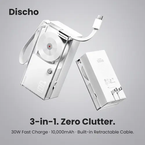SHARGE Discho Hybrid Battery Power Bank - 10000mAh 30W GaN Fast Charging Retro EDC Gear, 2ft Retractable USB-C Cable, Built-in Wall Charger, Cool Phone Accessories, Travel-Friendly Transparent Handheld Charger for Smartphones,sohochic