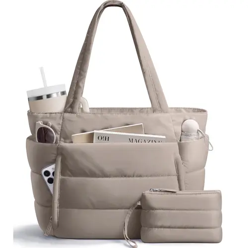 Bagstellar Puffer Tote Bag for Women with Makeup Bag, Large Work Laptop Bag, Lightweight Travel Bag with Zipper Gifts for Mom Wife Teacher Nurse Quilted Shoulder Handbag for School Gym
