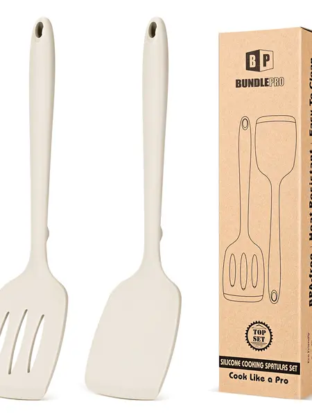 BUNDLEPRO Khaki Kitchen Utensils Set - 2-Piece Non-Stick Slotted Silicone Spatula Turner, 1-Piece Solid Silicone Cooking Spoon, Heat-Resistant BPA-Free, Protects Pot Coats, Ideal for Family Daily Use, Cooking Fish & Pancakes