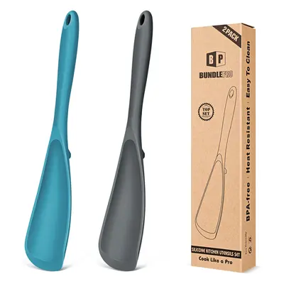 BundlePro Silicone Cooking Spoons 2-Pack - Anti-Adhesive Spatulas & Turners for Nonstick Cookware, BPA-Free Food Grade, Heat Resistant Handles Up to 446°F with Confidence, Top Stays Clean Mixing Kitchen Utensils Set