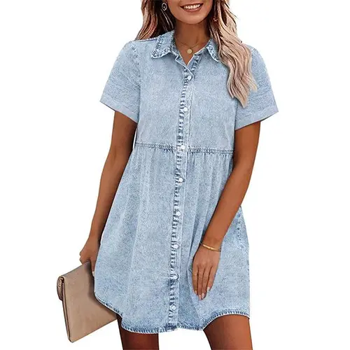 GRAPENT Women's Collared Denim Shirt Dress - Short Sleeve, Button Down, Plain, High Waist, Tiered Mini Babydoll, Polyester Lady's Casual Dresses for Easy Daily Wear