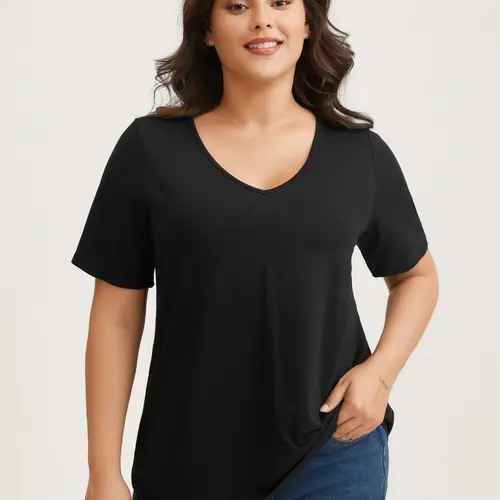 BloomChic Women's Plus Size Short-Sleeve V-Neck Cotton T-Shirt [M-6X], Soft Breathable Relaxed Fit Basic Tshirt, Clothes for Women for Casual Everyday OOTD, Back To School Pick