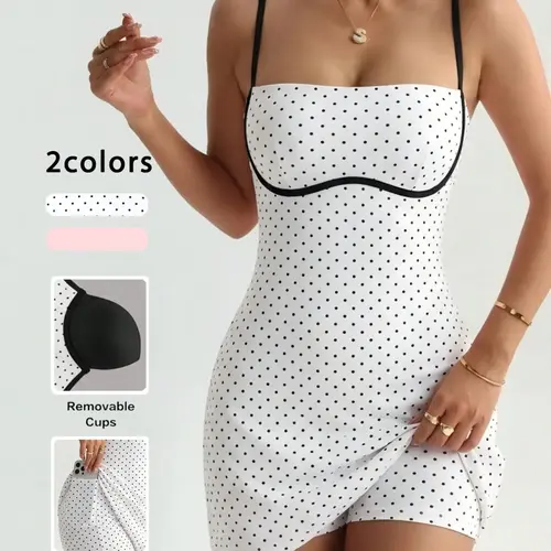Women's Polka Dot Spaghetti-Strap Tennis Casual Dress, Comfortable Above-the-Knee Golf Skirt with Built-in Shorts and Removable Cups