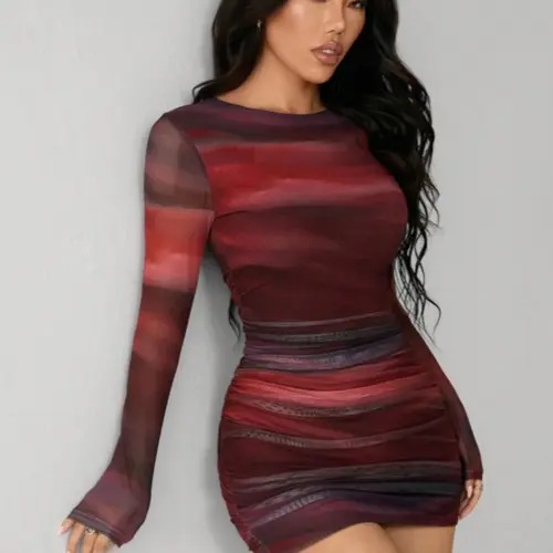 Women's Tie Dye Print Ruched Knit Fabric Stretchy Bodycon Mini Dress, Casual Wear Summer Fashion, Short Sleeve Round Neck, Slim Fit Party Dress