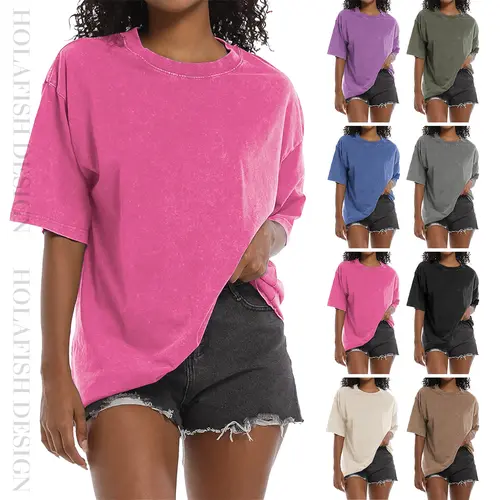 [NEW SIZE!]Holafish Women's Acid Washed Heavy Cotton T-Shirt Vintage Style Soft Breathable Crewneck Top for Everyday Wear Pink Minimalist Basic Fit, Retro, StreetwearBack To School, Tshirt,sohochic