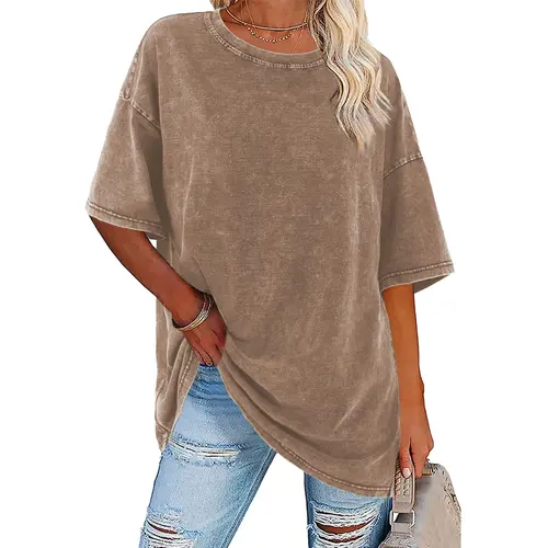 Holafish Women's Acid Washed Oversized T-shirt, Solid Heavy Cotton Round Neck Tee, Vintage Loose Fit Streetwear Top, Soft, T Shirts For Women, Acid-Washed Oversized Women's T-Shirts,clothes for back to school,first day of school outfits,sohochic