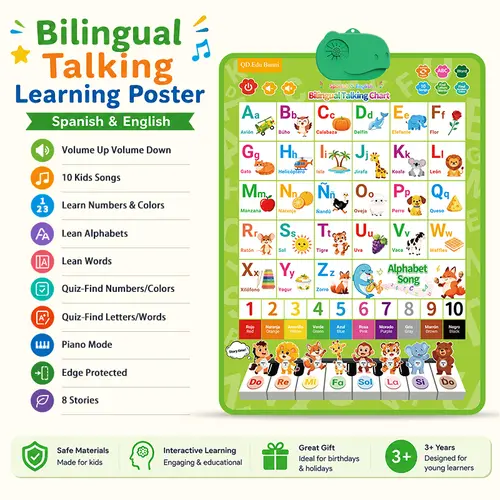 Bilingual English–Spanish Talking Wall Chart for Kids Ages 1–6 | Interactive Early Learning Poster with Songs, ABCs, Numbers, Words & Fun Educational Games for Home, Preschool & Classroom