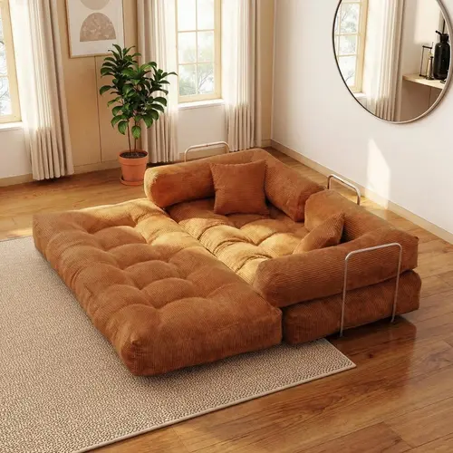 79'' Convertible Sleeper Sofa Bed with Cup Holders Corduroy Folding Mattress Couch Fixed-Shape Frame for Living Room Bedroom Studio Fully Assembled