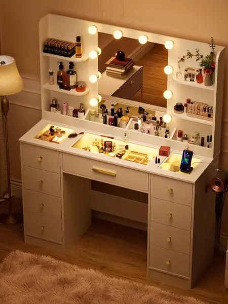 LAKEMID White Vanity Desk with Vanity Mirror, 3 Light Modes, RGB Drawers, Transparent Top, 3 Shelves, Large Tempered Cabinets, Power Outlet, Makeup Organization, Bedroom-Ready Glam Station, Beauty Storage Solutions for Bedroom