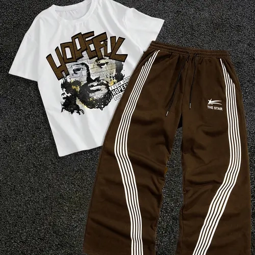 Men's Letter Print Short Sleeve Graphic Tee & Side Stripe Drawstring Waist Pants Two-piece Set, Casual Tees Set, Regular Fit Round Neck T-shirt & Pocket Trousers, Casual Cozy Breathable Men Outfits Clothes for Spring & Fall, Menswear
