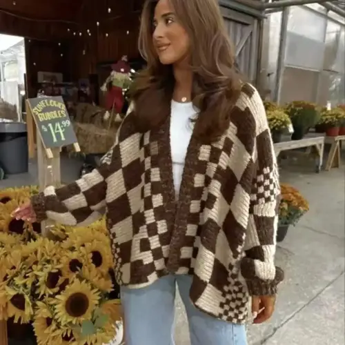 Women's Plaid Checkered Knit Cardigan, Lantern Sleeve Loose-Fitting Sweater, Casual Fall & Winter Fashion, Unique Design, Style, New Arrival, Womenswear, cozy Knitwear