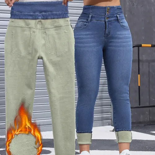 Women's Comfortable Minimalist Chic Fleece-Lined Slim Fitting Jeans, High-Stretch Thick-Woven Slimming Fitted Denim Pants for Winter
