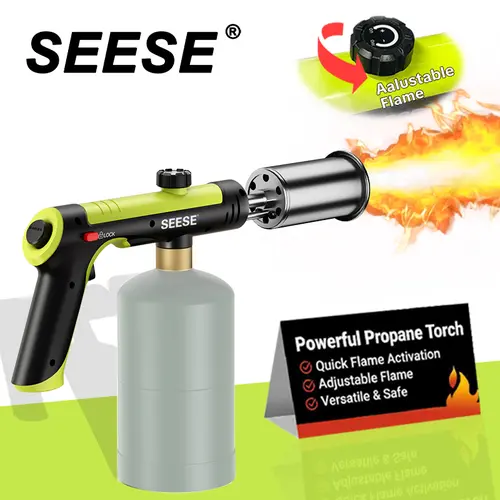 SEESE Powerful Propane Torch Gun(Propane Tank Not Included),With One-Touch Max Fire Button and Safety Lock, Adjustable Blow Torch for Sous Vide Searing Steak, BBQ,Fireplace,Charcoal Wood