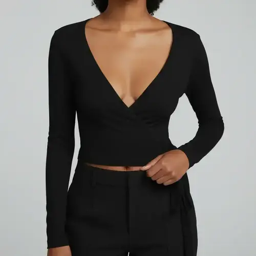 Women's Knitted Plain Elastic Soft Front-Tie V-Neck Bodycon Long-Sleeve Tight T-Shirt, Casual Fashion Basic Knitwear Top for Spring/Summer