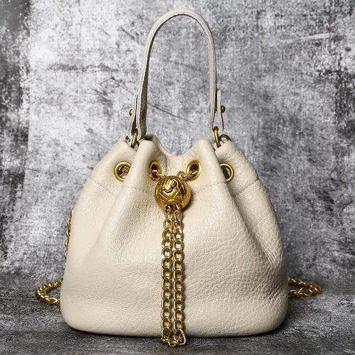 Genuine Leather Women's Handbags - First-Layer Cowhide Mini Bucket Bag with Gold Accent Hardware, Detachable Chain-Studded Strap, Crossbody Bags for Women, Lipstick+Wallet Fit Contemporary Multifunctional Multi-Way Fashion Accessory,sohochic