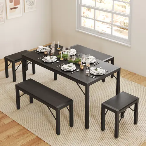 Gizoon 63" Rectangular MDF-Metal Frame Dining Room Set for 6, Space Saver Apartment Furniture with 2 Benches & 2 Stools